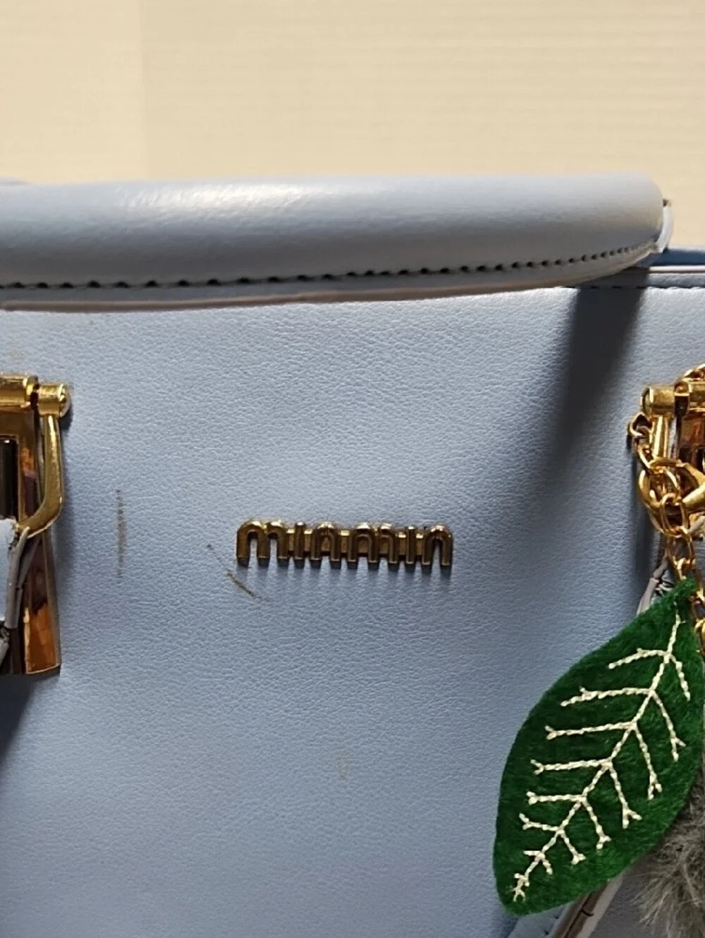 Light Blue Women's Satchel Handbag with Pom Charm
